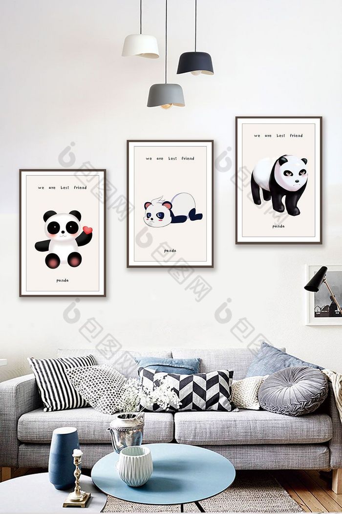 简欧风格手绘熊猫组合装饰画图片图片