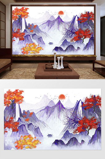 中式山水水墨手绘背景墙图片