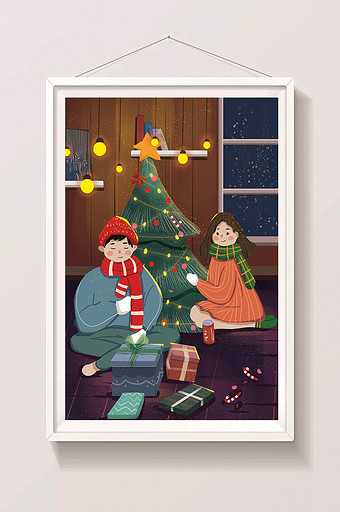 圣诞节情侣送礼物收礼物插画图片