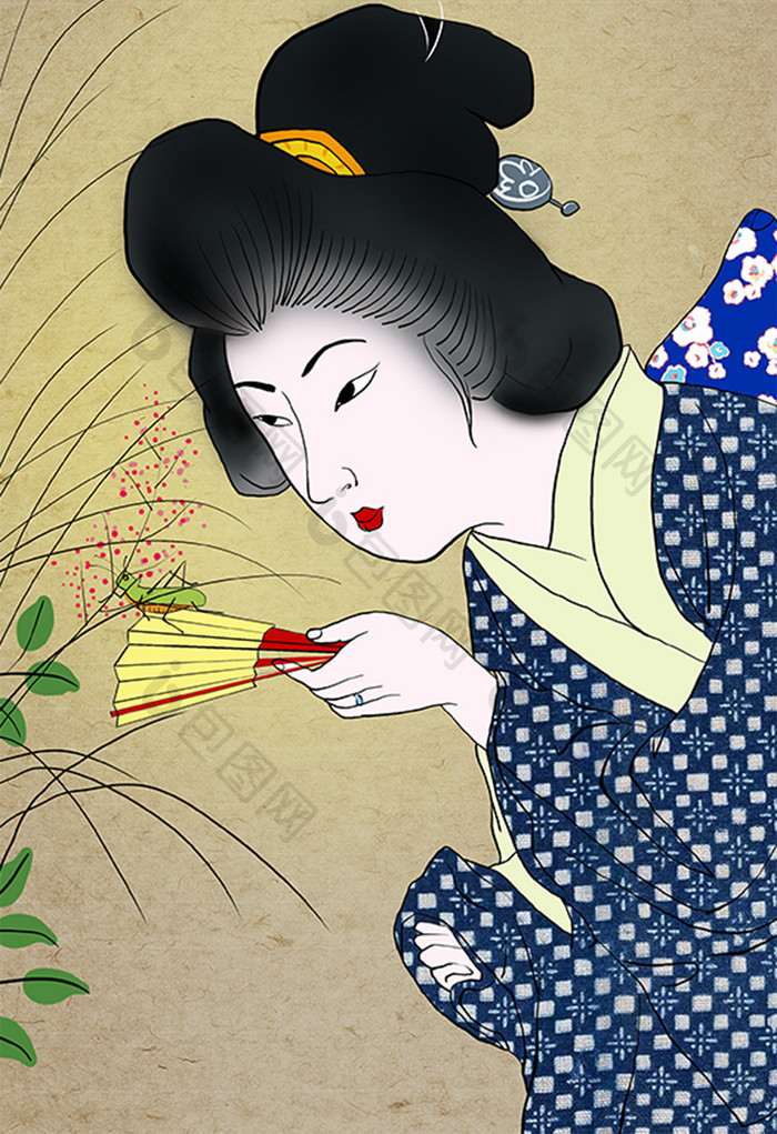 园中逗蛐蛐的侍女美女图浮世绘中国风工笔画