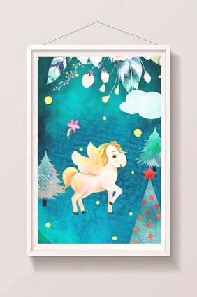 小清新圣诞树飞马动物童话森林儿童插画绘