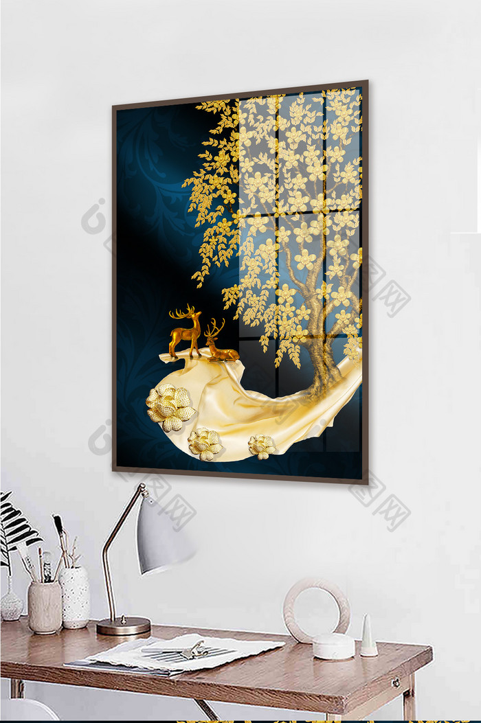 北欧金色发财树麋鹿晶瓷装饰画