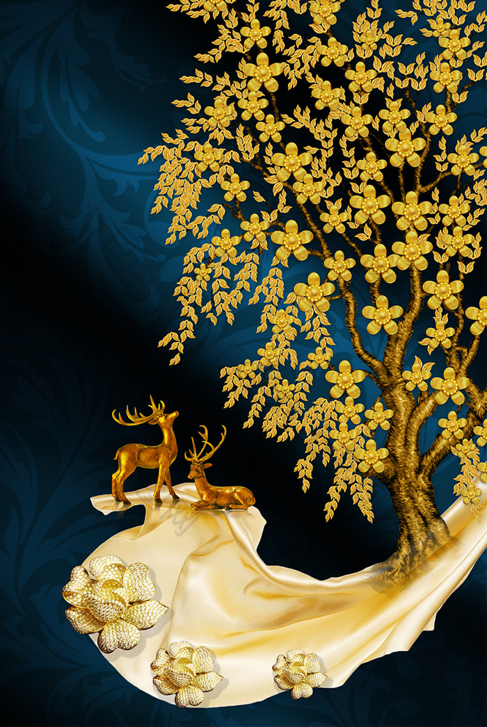 北欧金色发财树麋鹿晶瓷装饰画