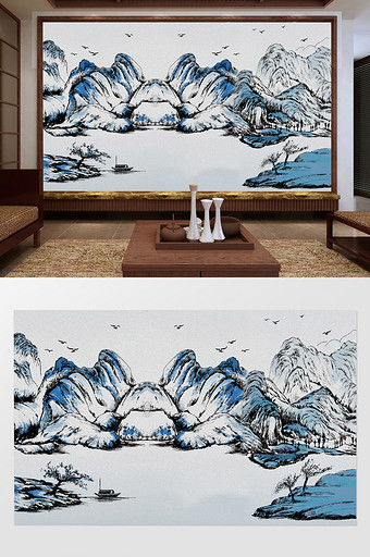 中式唯美山水水墨画电视背景墙.图片