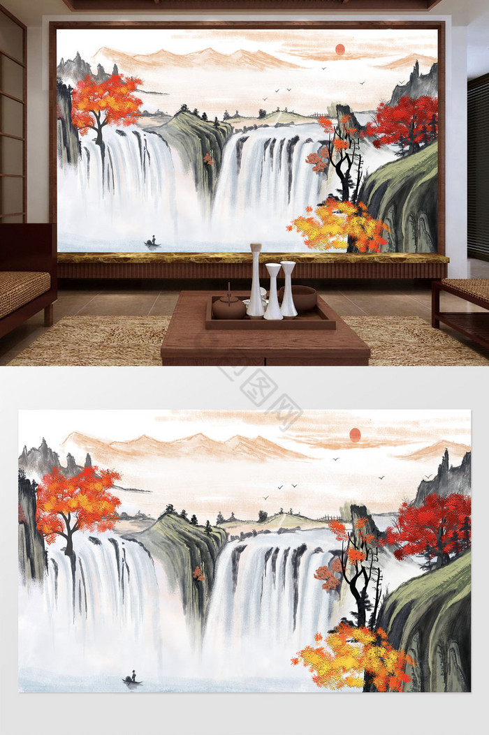 中式细水长流山水背景墙图片