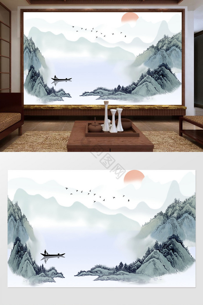 中式山水白鹤飞去背景墙图片