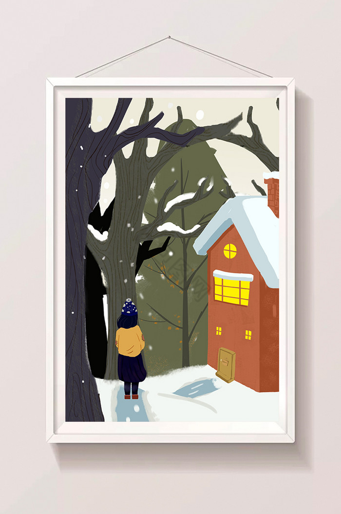 冬至少女森林房子插画图片