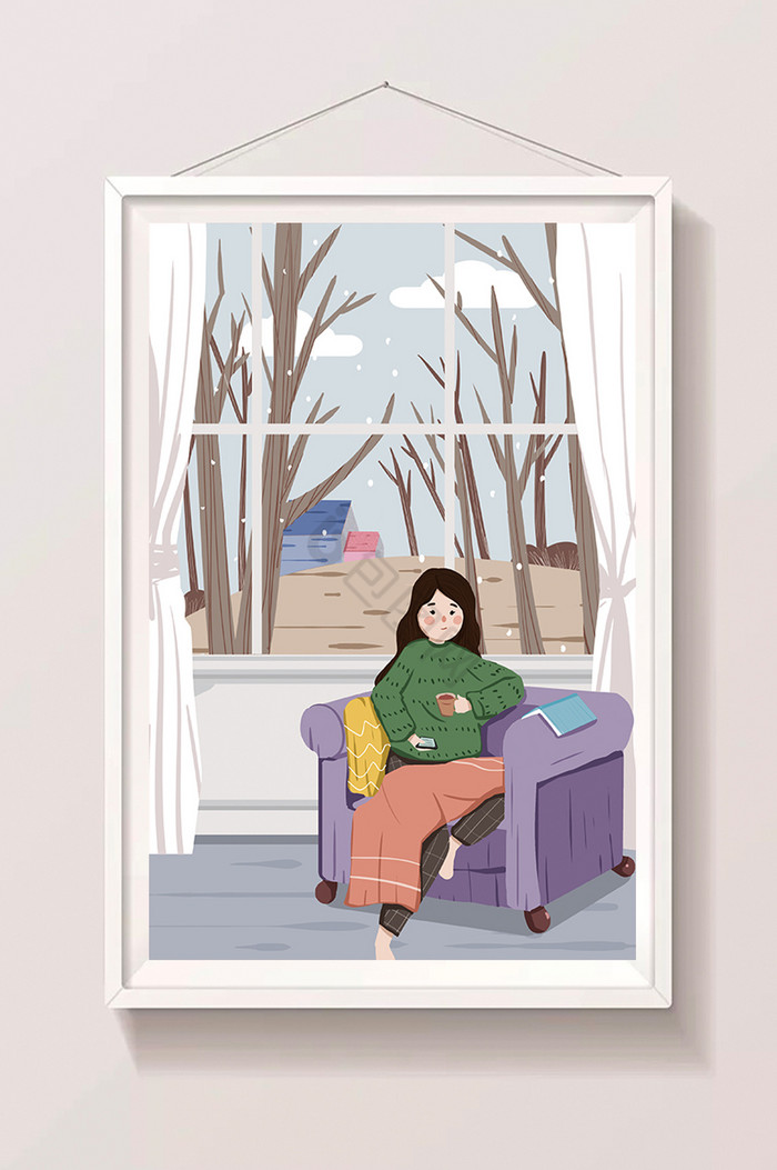 冬日窗外风景女孩宅插画图片