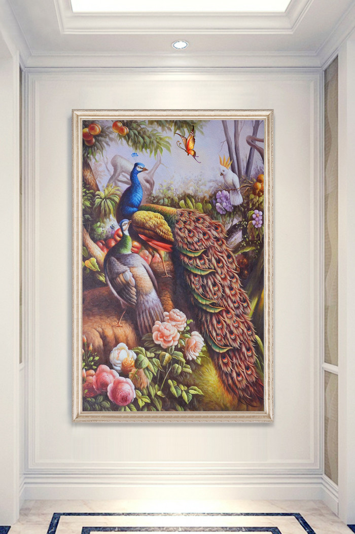 中式纯手绘油画孔雀花卉鹦鹉艺术玄关装饰画图片