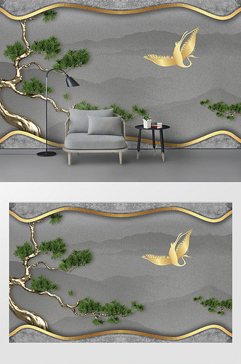 中式意境金色水墨山松树家和富贵背景墙图片