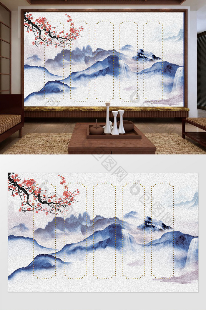 新中式意境蓝色山水水墨梅花几何框背景墙