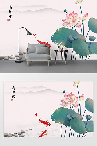 中国风水墨手绘鱼乐图荷花背景图片