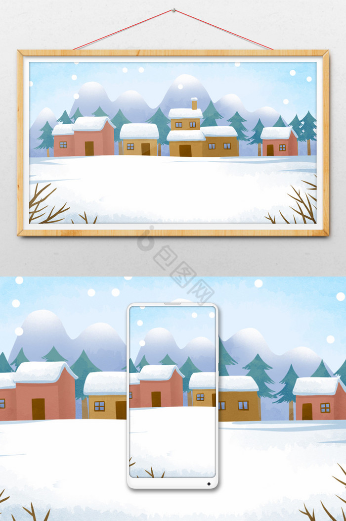 雪地房屋插画图片