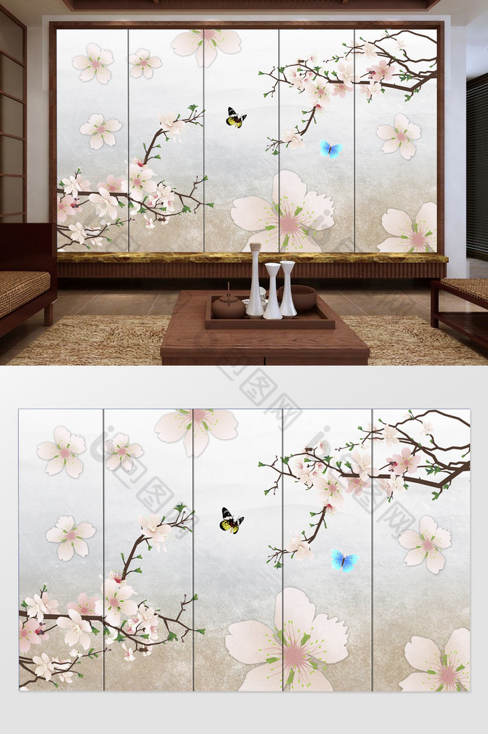 新中式硬装手绘创意树枝梅花蝴蝶电视机背景图片图片