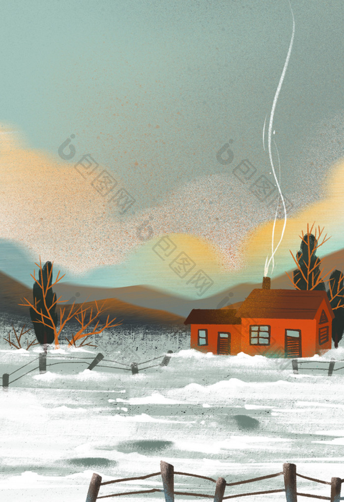 红房子雪景插画背景