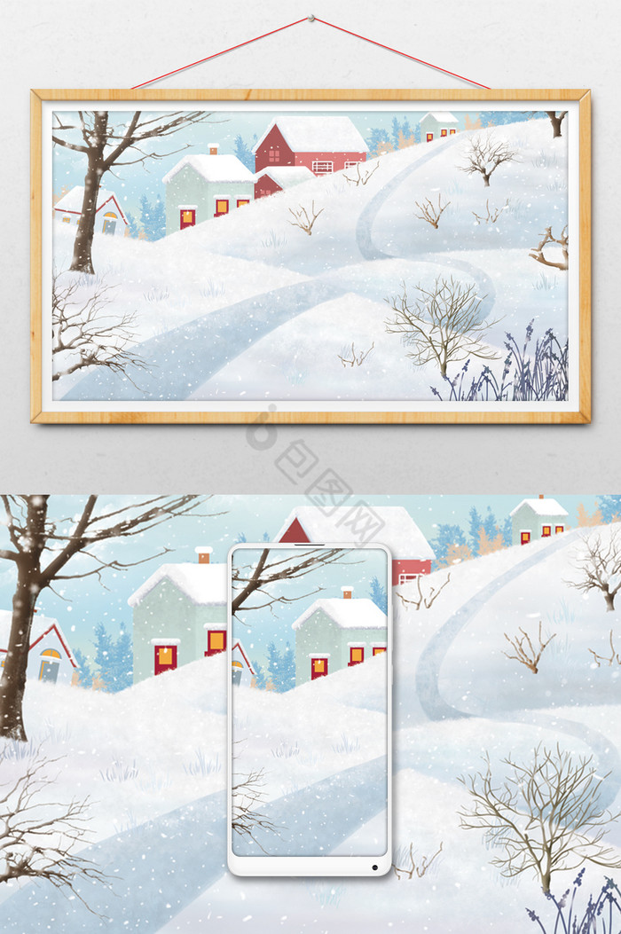 别墅雪景插画图片