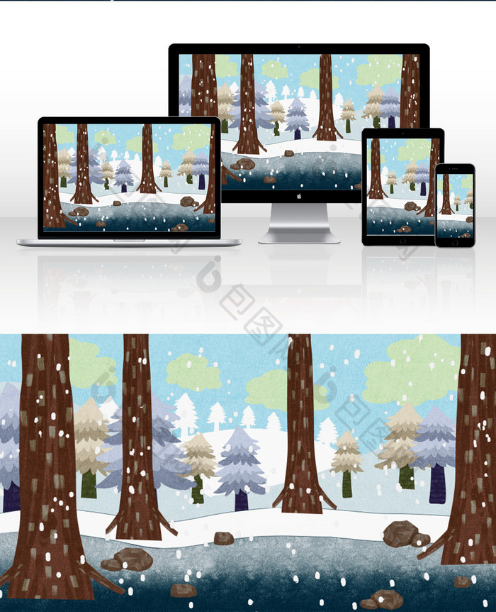 松树林飘雪插画背景