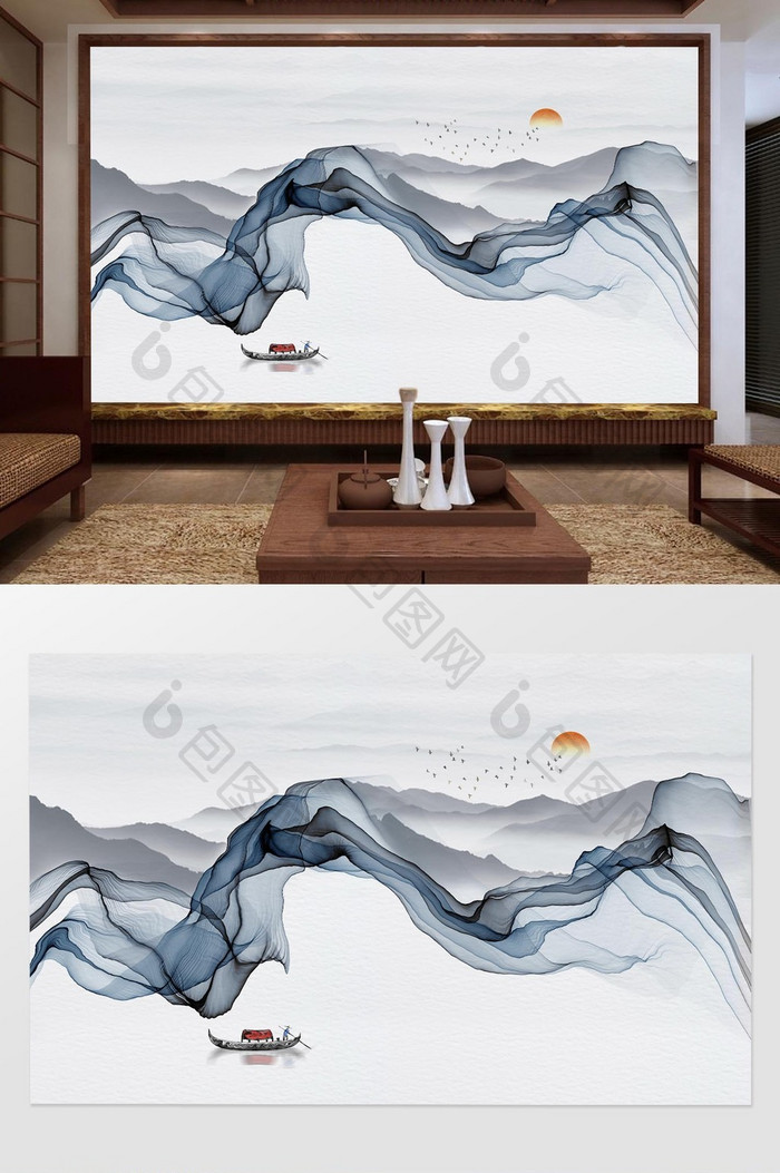 新中式抽象烟丝水墨线条背景墙