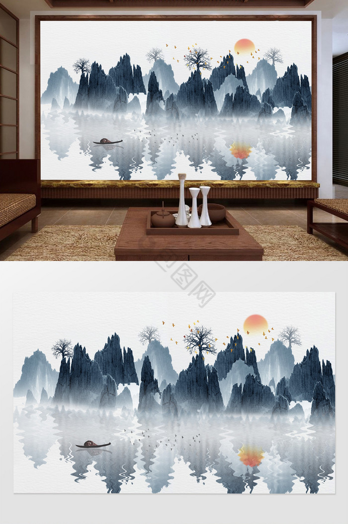 新中式蓝色山水倒影背景墙图片