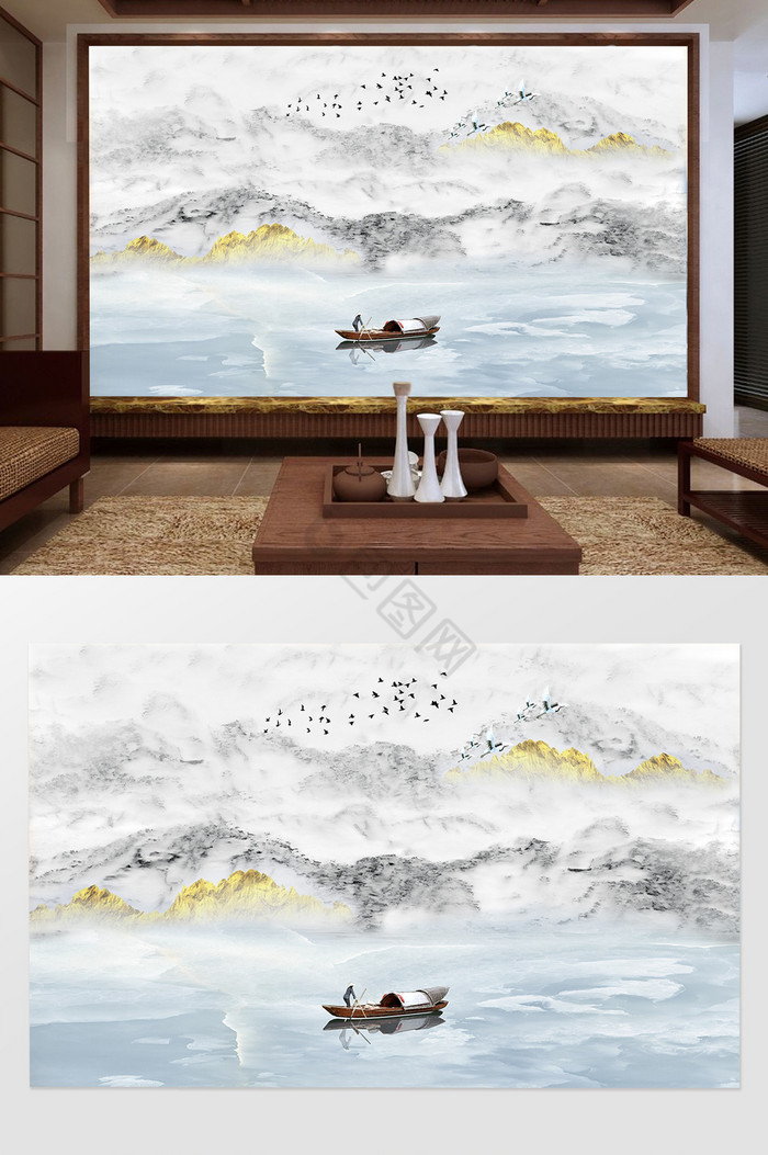 新中式大理石纹山水金山背景墙个性定制图片