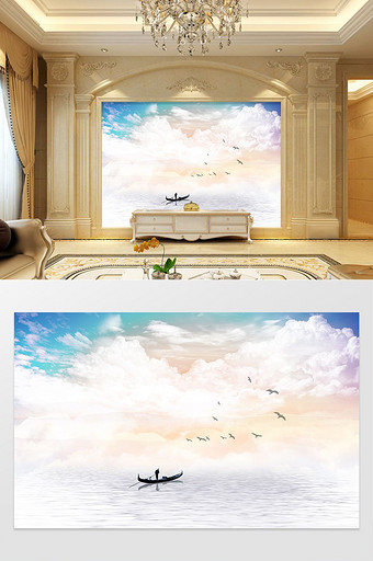 新中式远山仙境蓝色电视背景墙图片