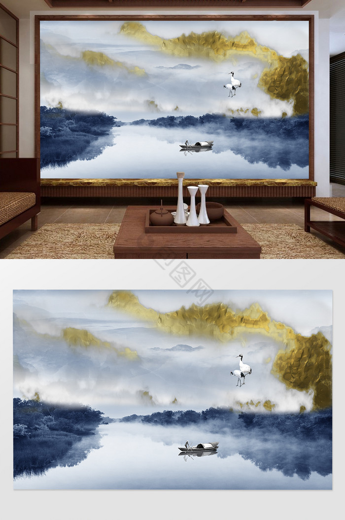 新中式高清水墨山仙鹤电视背景墙蓝色图片