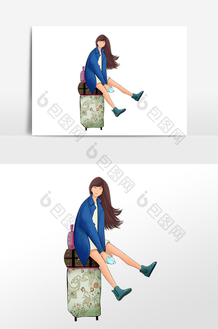 坐在行李箱上外出旅游的女孩图片