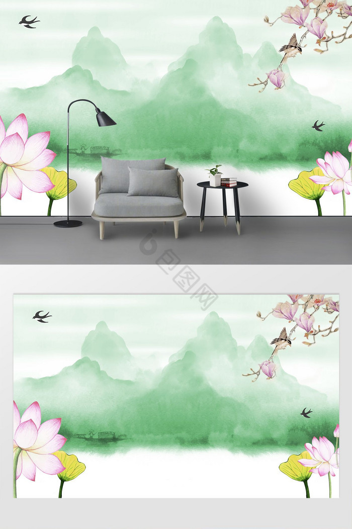 新中式荷花山水装饰画图片