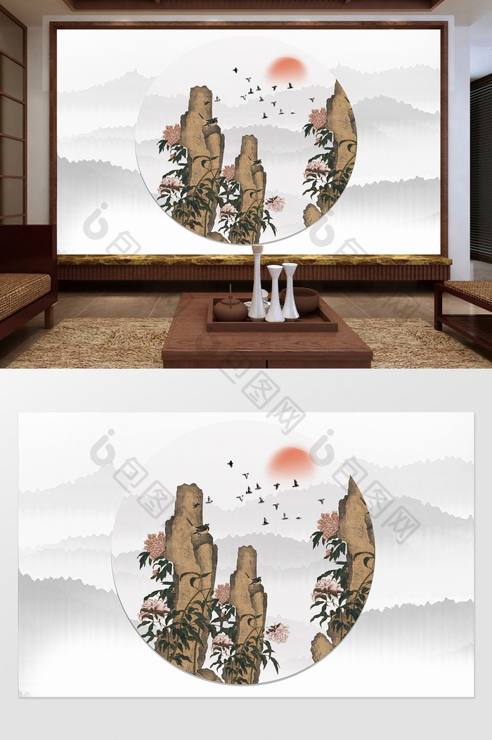 新中式唯美圆形假山花卉复古电视背景墙