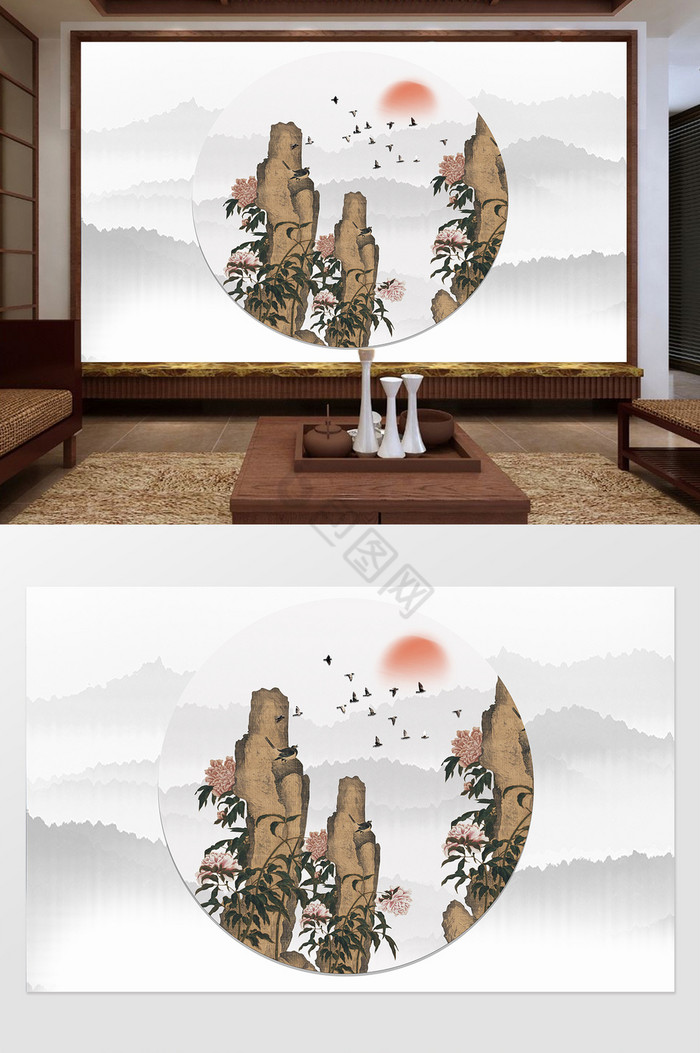 新中式唯美圆形假山花卉复古电视背景墙图片