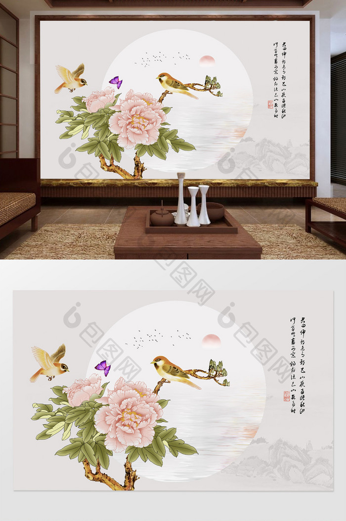 中国风水墨手绘花鸟牡丹花背景墙定制