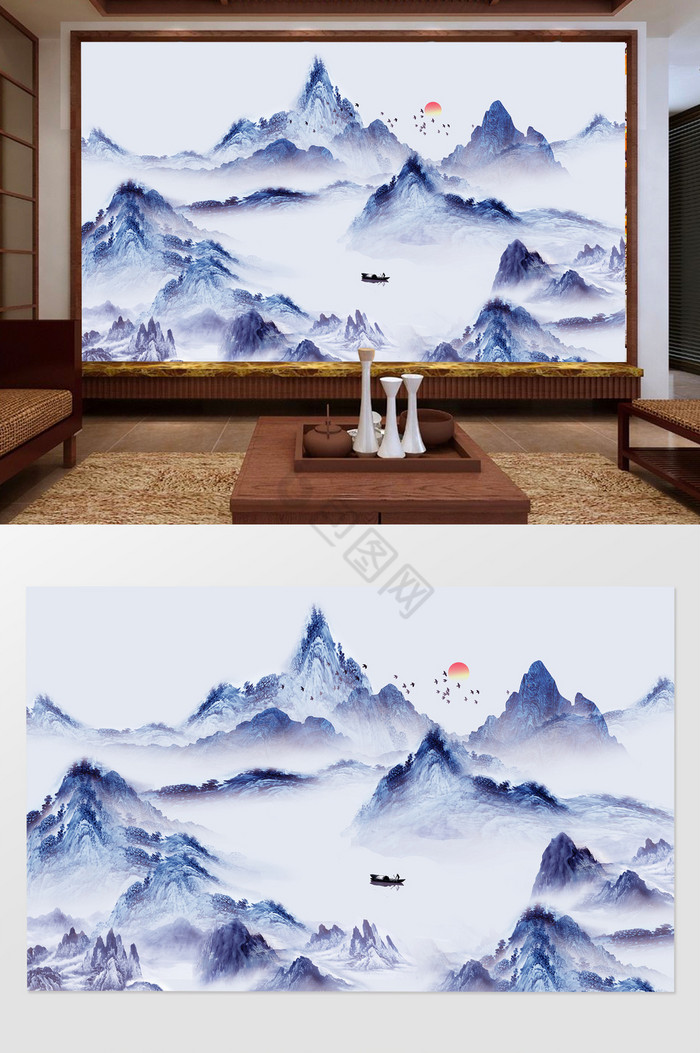中式唯美抽象山水背景墙图片