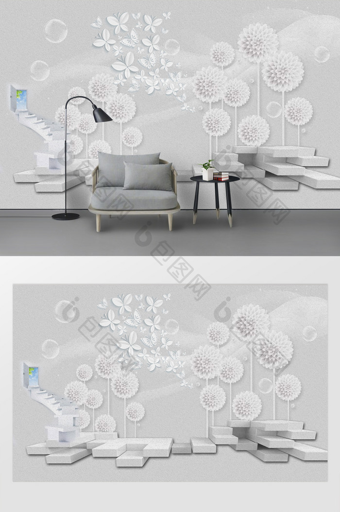 新中式3d立体方块蒲公英蝴蝶电视背景墙