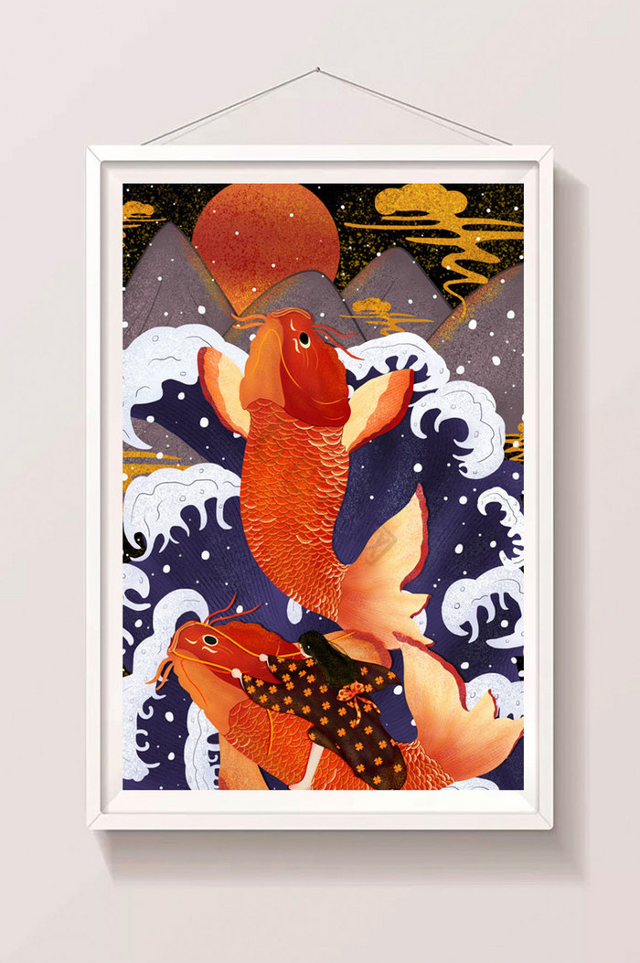 浮世绘之和服女孩与锦鲤优雅古风浮世绘古装美人插画浮世绘海浪插画