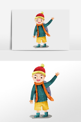 男孩放学跟同学挥手再见插画人物