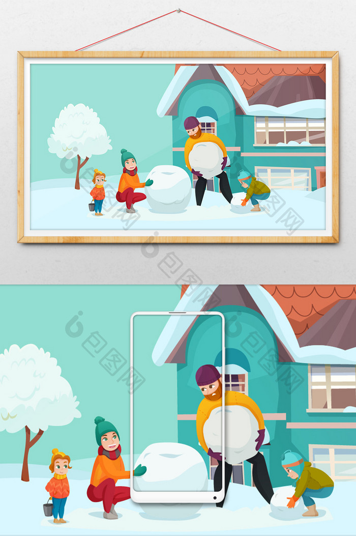 孩子和父母一起堆雪人