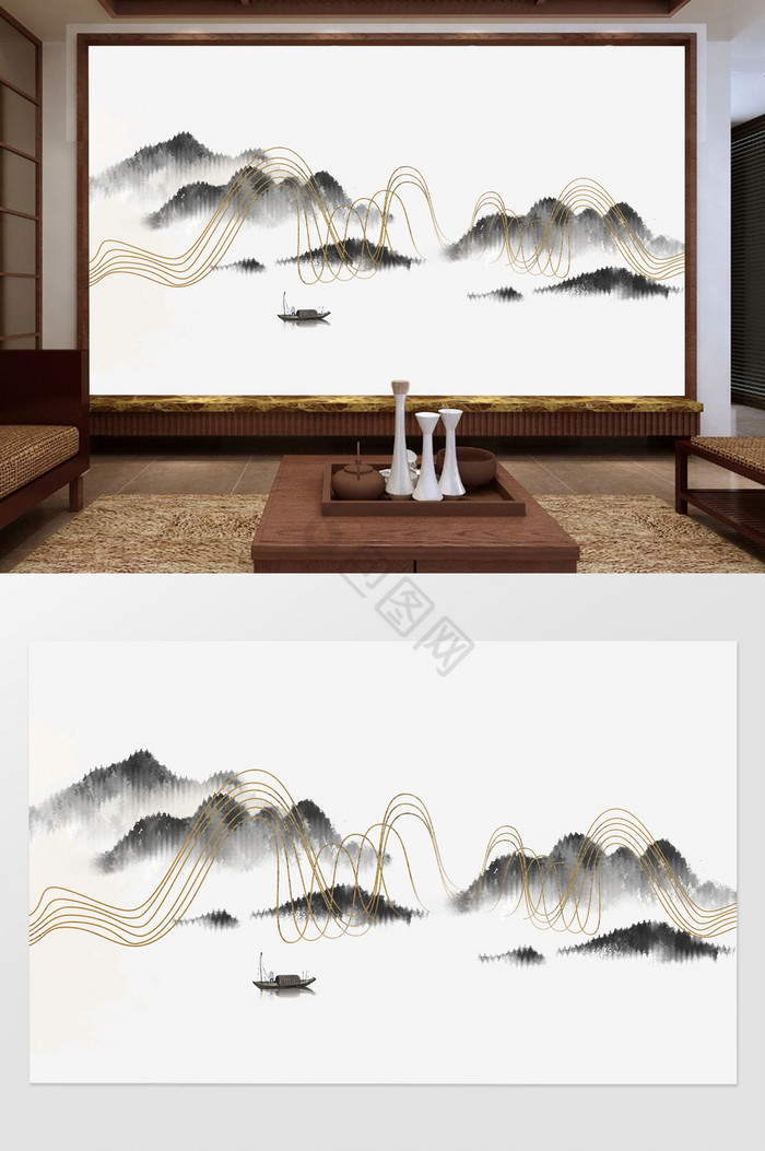 新中式水墨意境山水风景背景墙图片