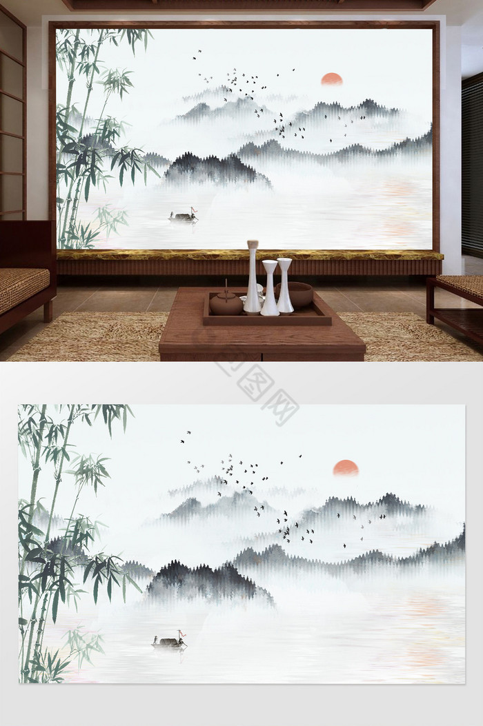 新中式竹子意境山水风景背景墙图片