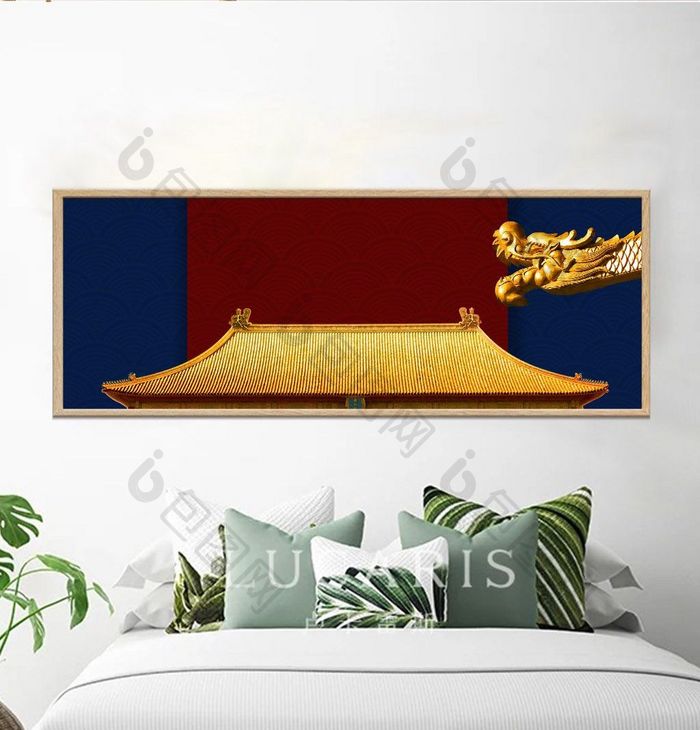 中国风古典重彩中式故宫红墙宫廷床头装饰画