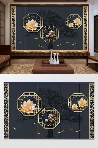 新中式意境金色窗格荷花莲藕金鱼大树背景墙图片