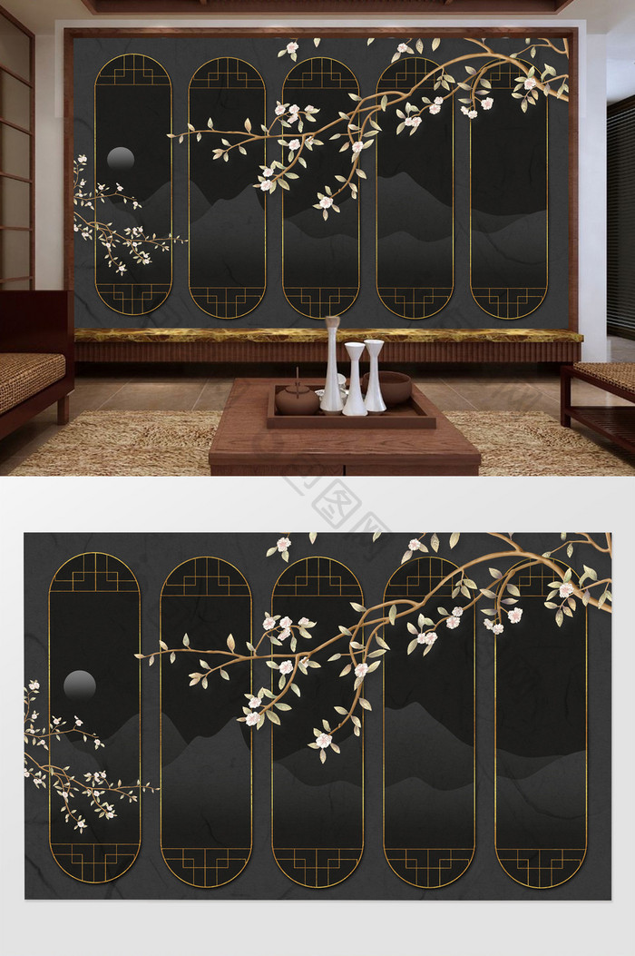 中式创意花卉山水电视背景墙