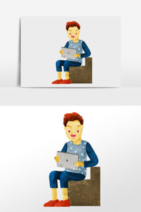 男生坐着玩ipad插画人物