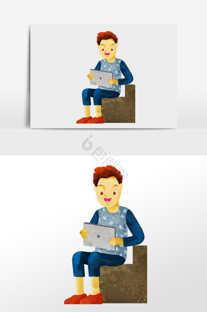 男生坐着玩ipad插画人物图片