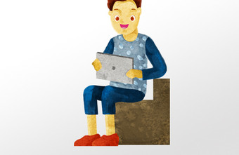 水彩手绘男生坐着玩ipad插画人物素材图片