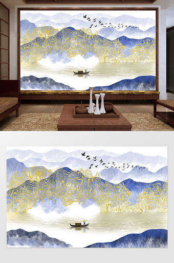 中式抽象线条山水画金色背景装饰画图片
