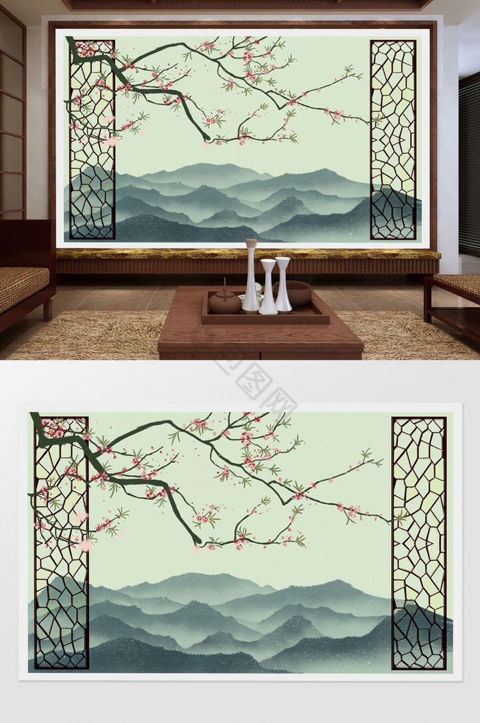 中式意境山隔断屏风花枝山脉背景墙定制图片
