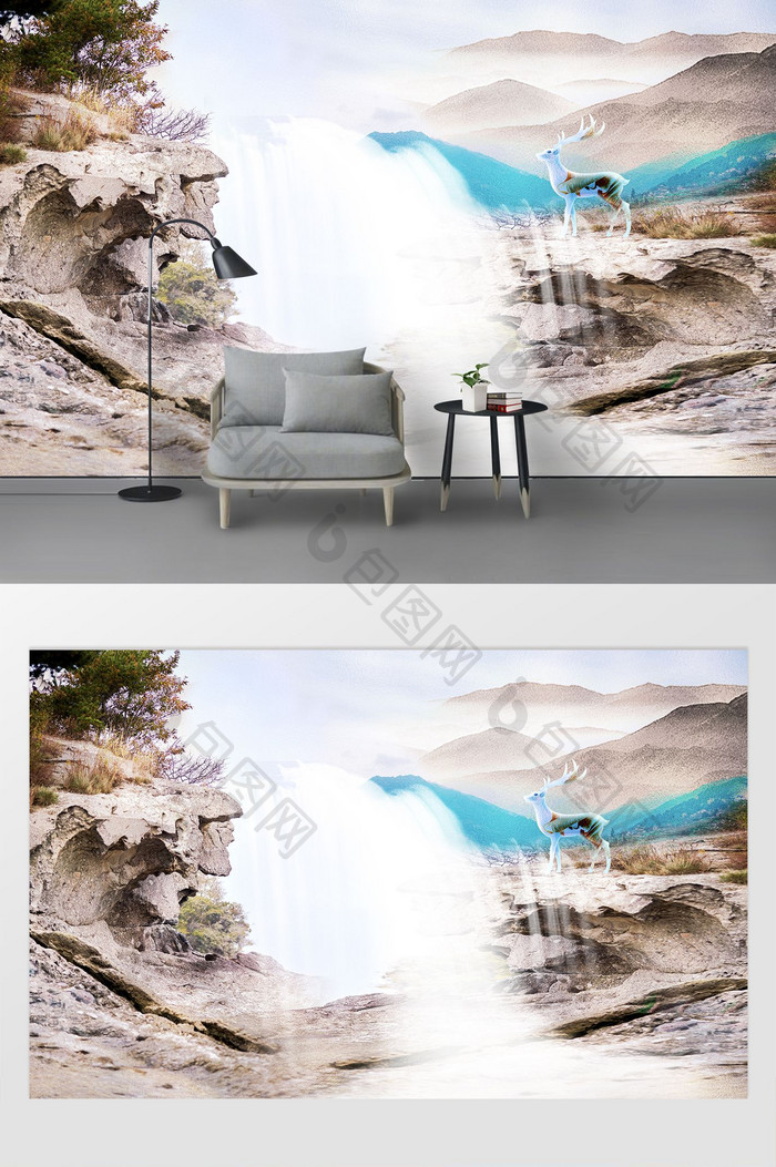 北欧山峰瀑布麋鹿风景画客厅背景墙