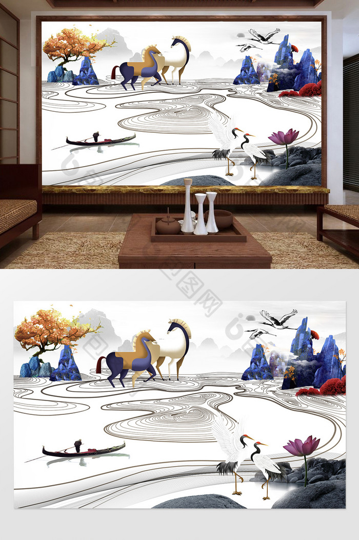 中式创意水墨动感中山水画马儿白鹤电视背景图片图片