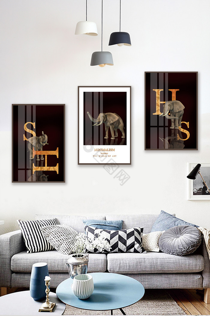 简欧创意动物大象客厅酒店卧室晶瓷装饰画图片