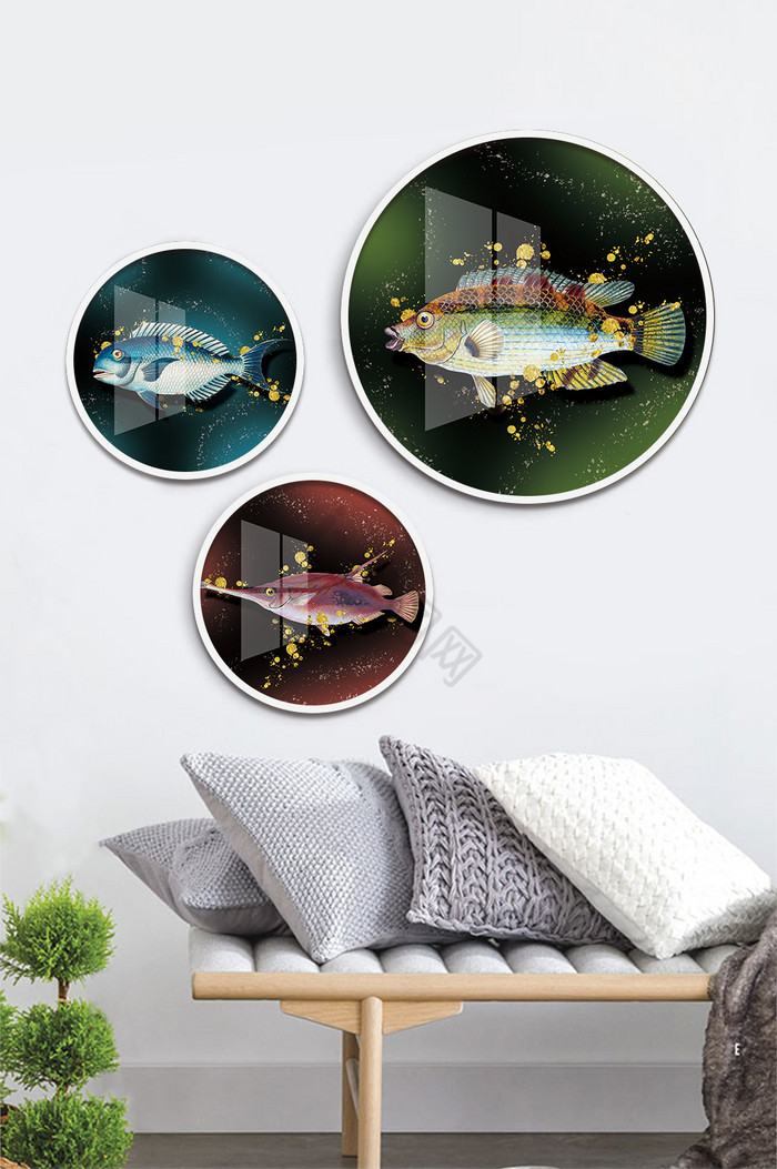 文艺晶瓷动物鱼客厅酒店餐厅创意装饰画图片